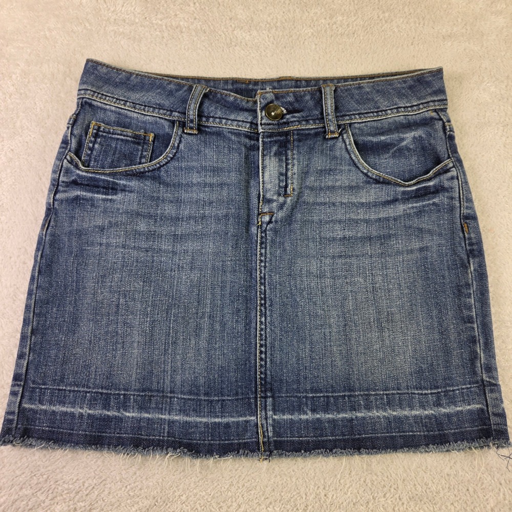 Apt. 9 Womens Blue Denim Mini Skirt Medium Wash Raw Hem Size 4